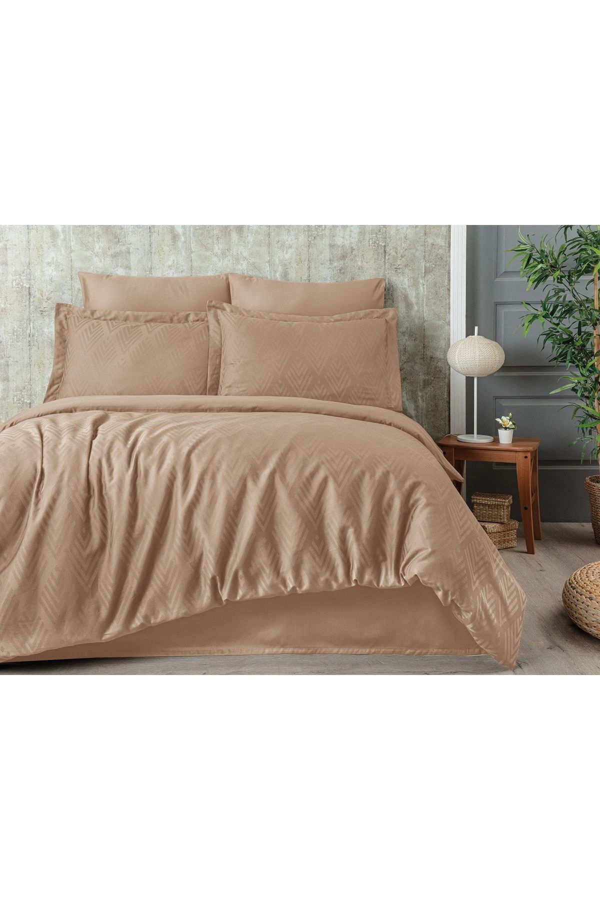 Tivoli Jacquard 100% Cotton Satin Double Duvet Cover Set - Diamond - Cappuccino - 200x220 Cm