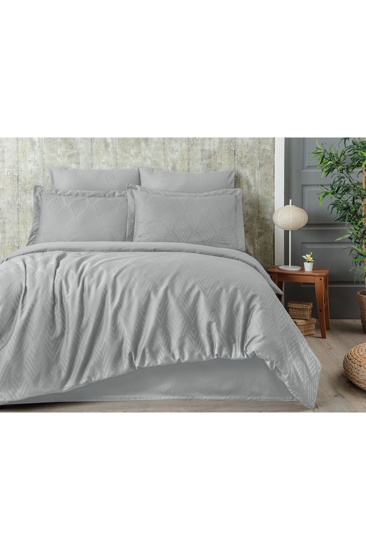 Tivoli 100% Cotton Jacquard & Satin Double Duvet Cover Set - Gray Color - 200x220 Cm