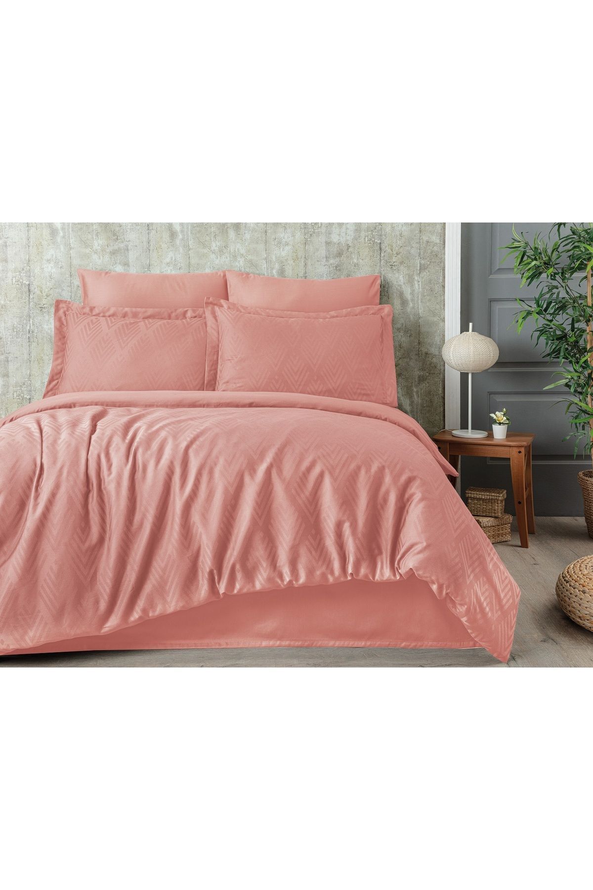 Tivoli 100% Cotton Jacquard & Satin Double Duvet Cover Set - Powder Pink - 200x220 Cm