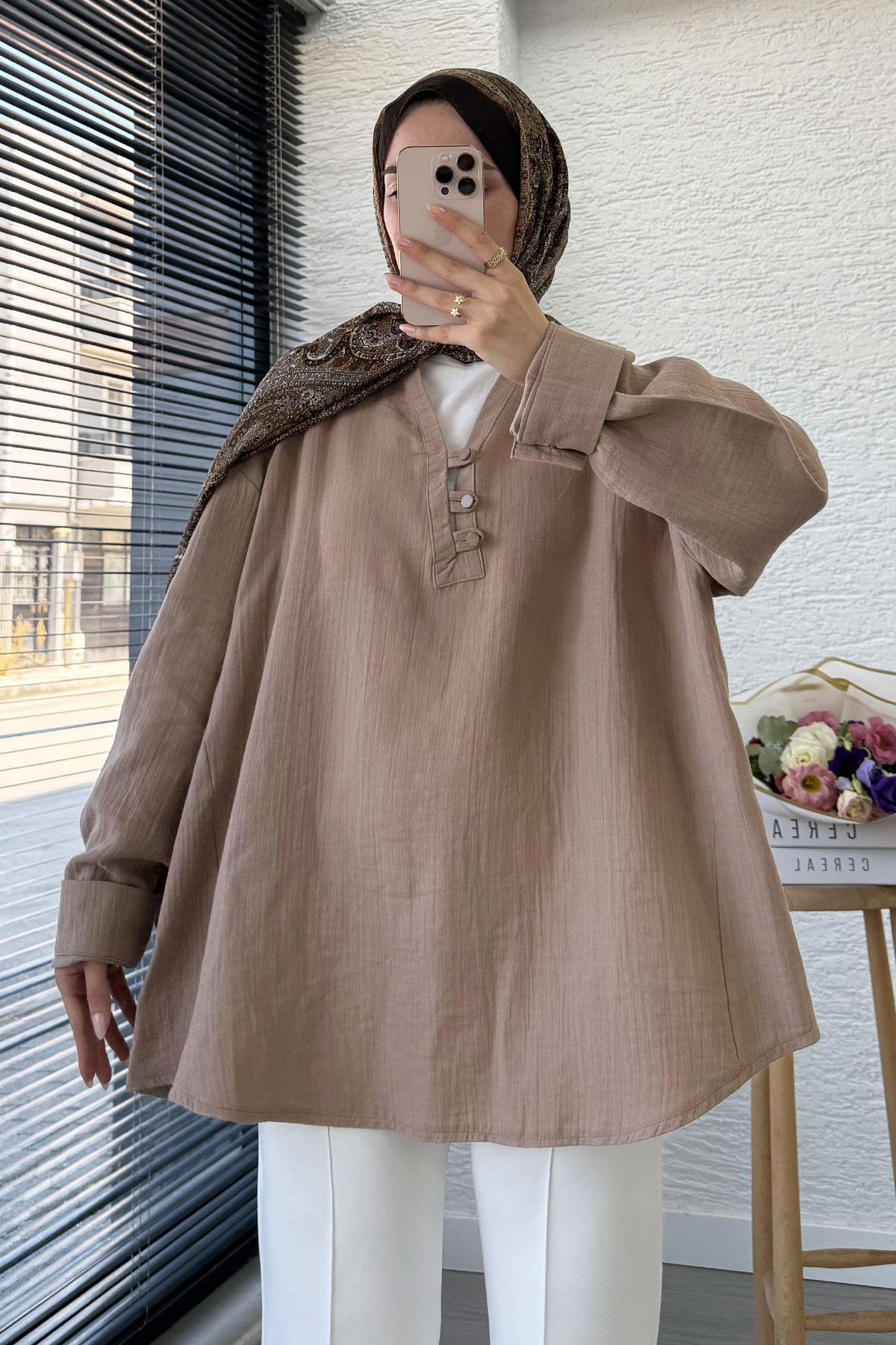 MELEK ARAZ-Muslin Tunic with Button Detail on the Front - Mink 2