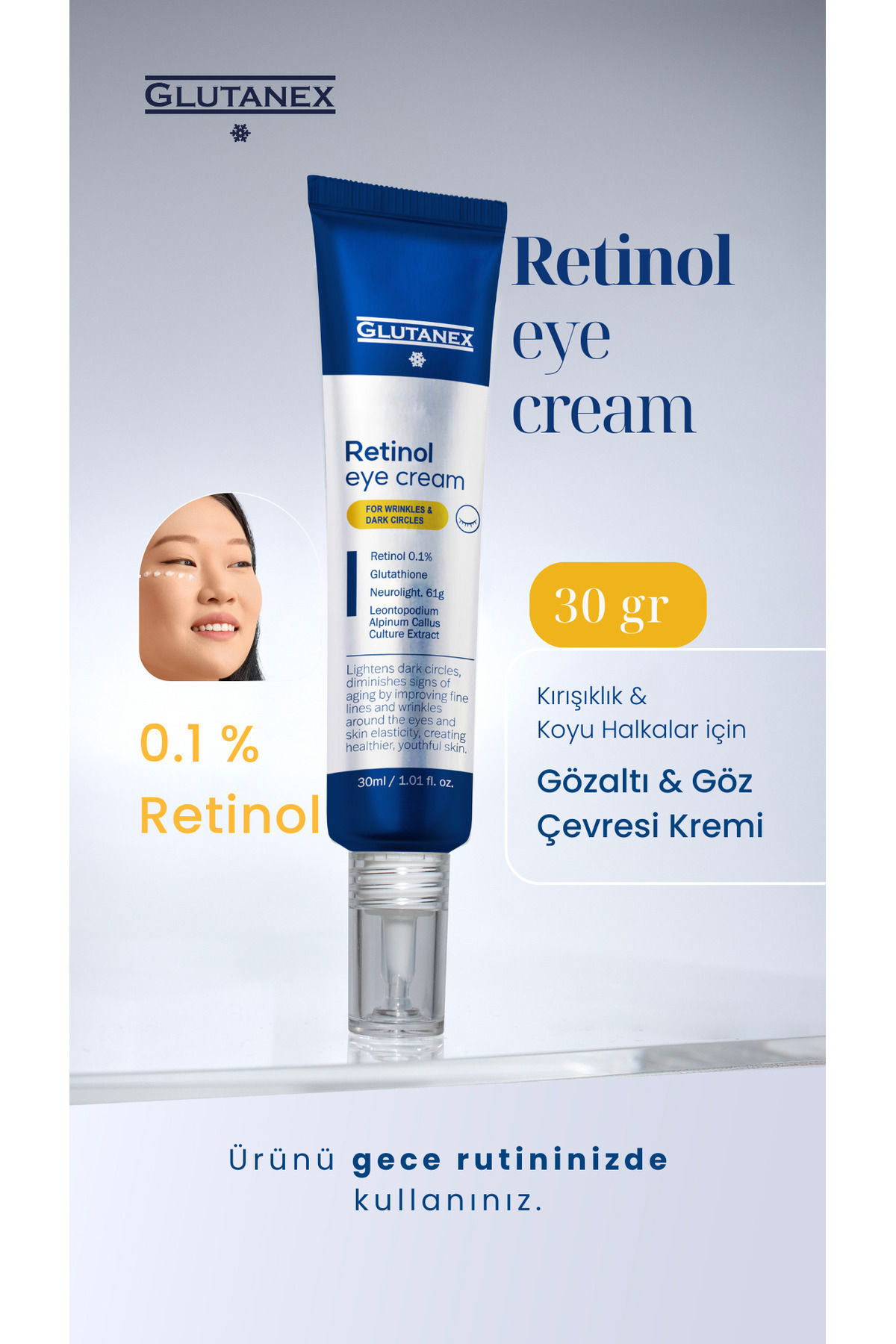 GLUTANEX-Retinol Eye Cream - 0.1% Anti-Aging, Glutathione, Dark Circles and Fine Lines, 30 ml 2
