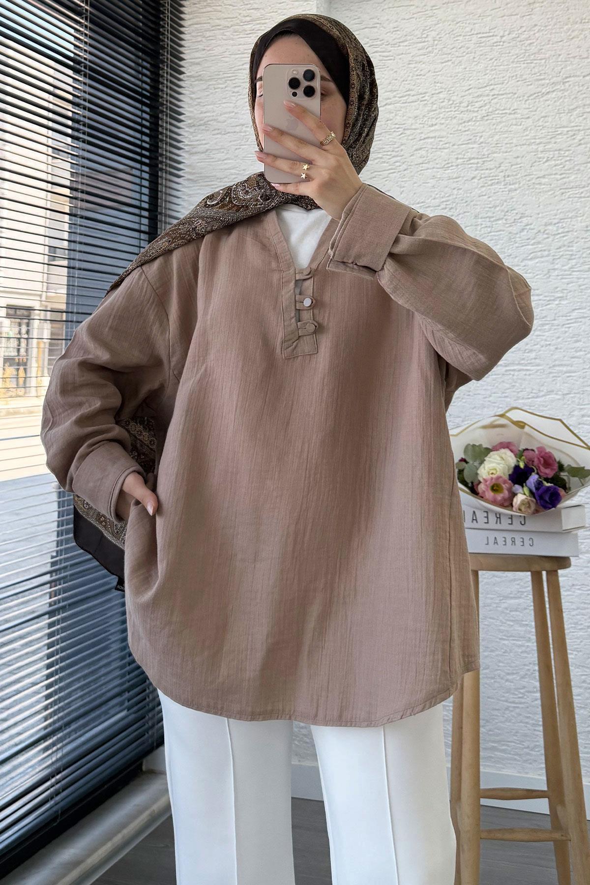 MELEK ARAZ-Muslin Tunic with Button Detail on the Front - Mink 1