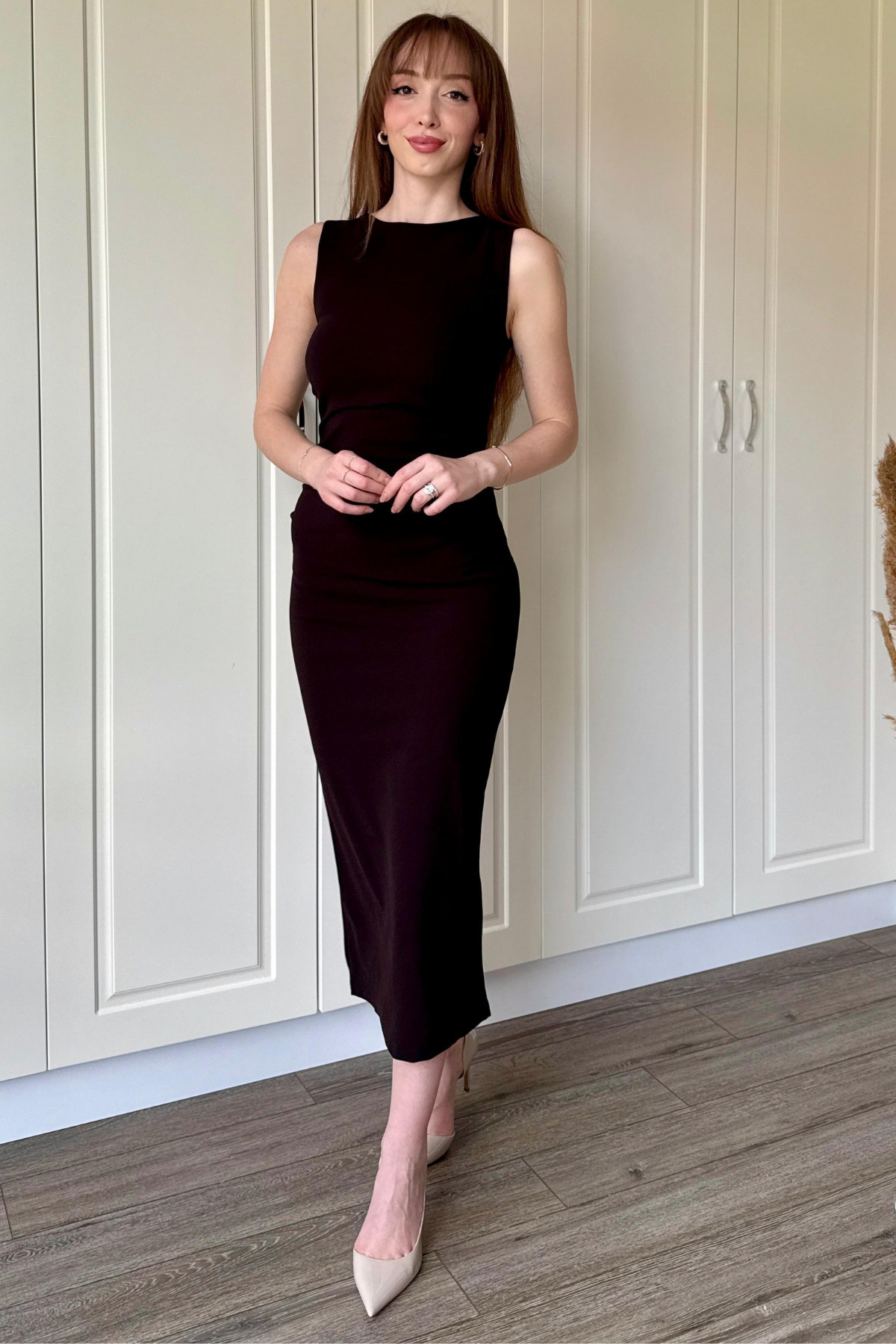 Dilay Gökoğlu Butik  Drapeli Midi Kahverengi Elbise - Görsel 8