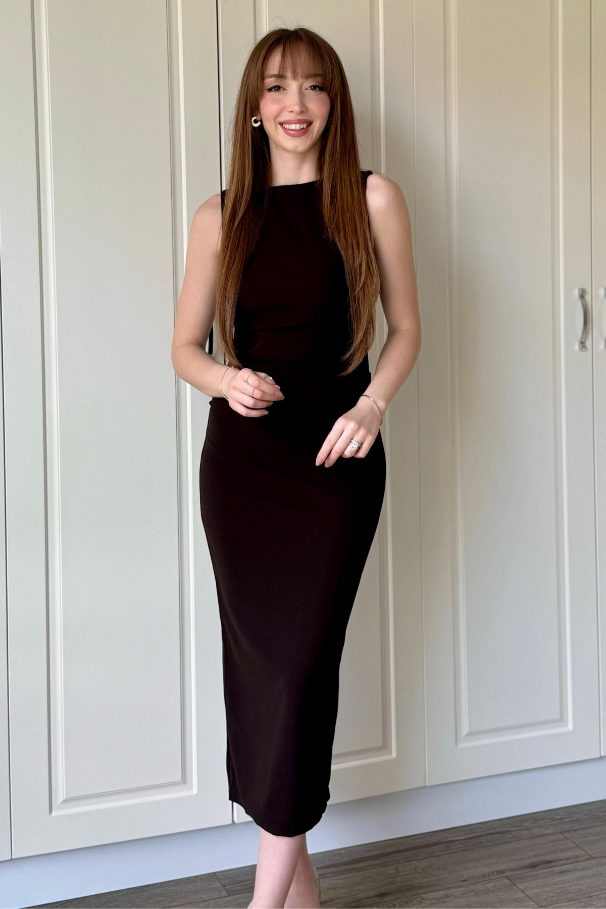 Dilay Gökoğlu Butik  Drapeli Midi Kahverengi Elbise - Görsel 9