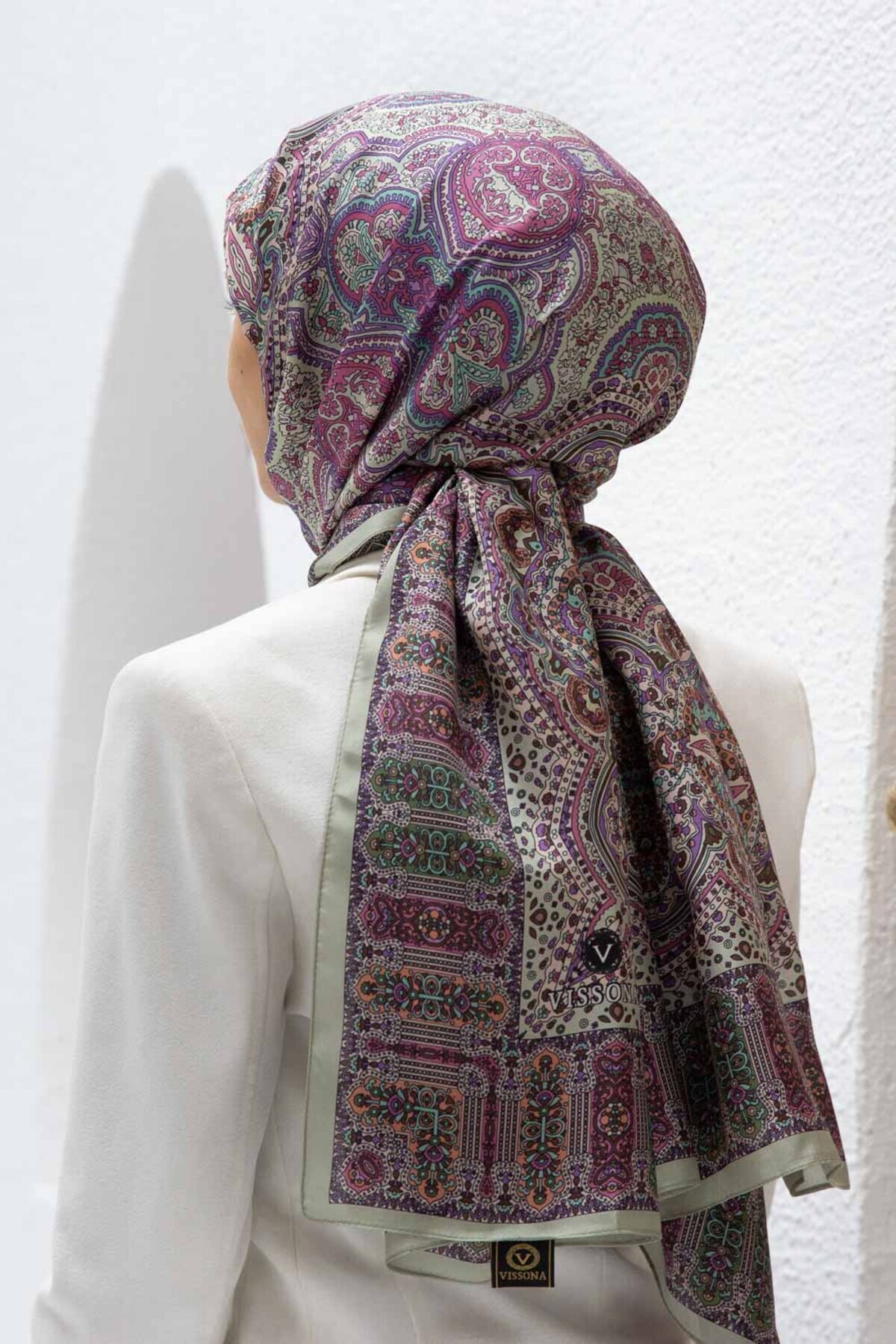 Vissona-100% Silk Ethnic Patterned Khaki - Purple Colored 92X210 Shawl 1