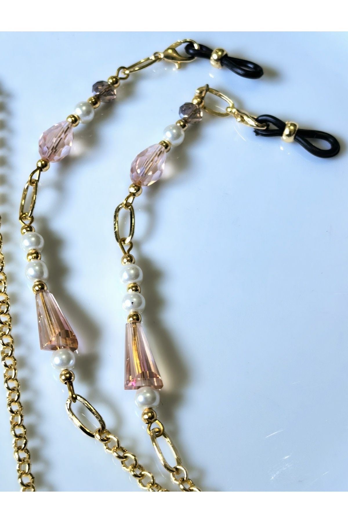 THİNBLACK Thinblack Gözlük Zinciri Pembe Rengi Kristal Boncuk Ve Inci Boncuklu