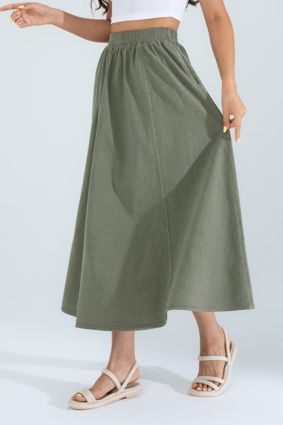 Suzella  Kadın A Kesim Yüksek Bel Cepli Dökümlü Kloş Etek - Dokulu Keten - Görsel 5