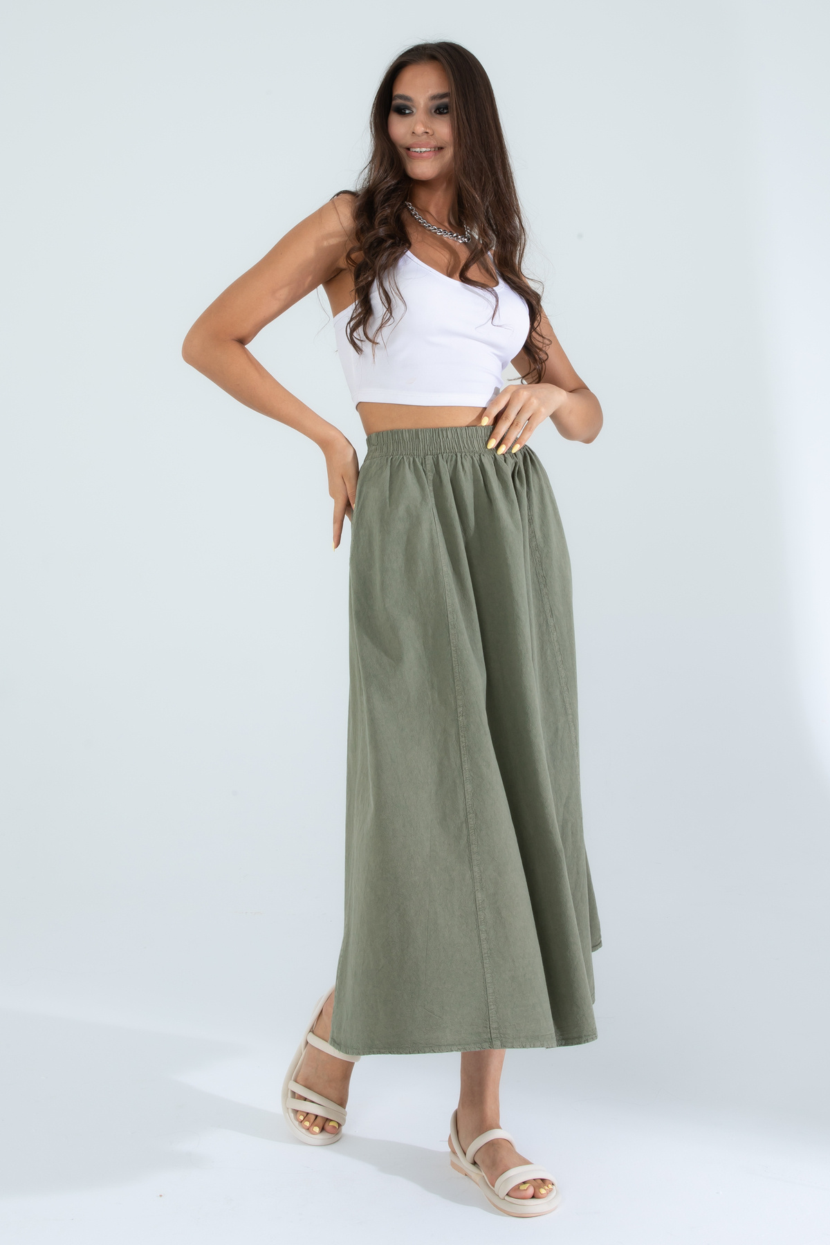 Suzella  Kadın A Kesim Yüksek Bel Cepli Dökümlü Kloş Etek - Dokulu Keten - Görsel 3