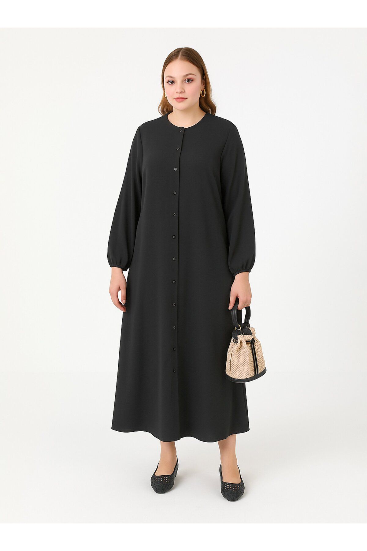 ALİA-Rochie Plus Size Button Thru cu talie elastică - Negru - Alia 1