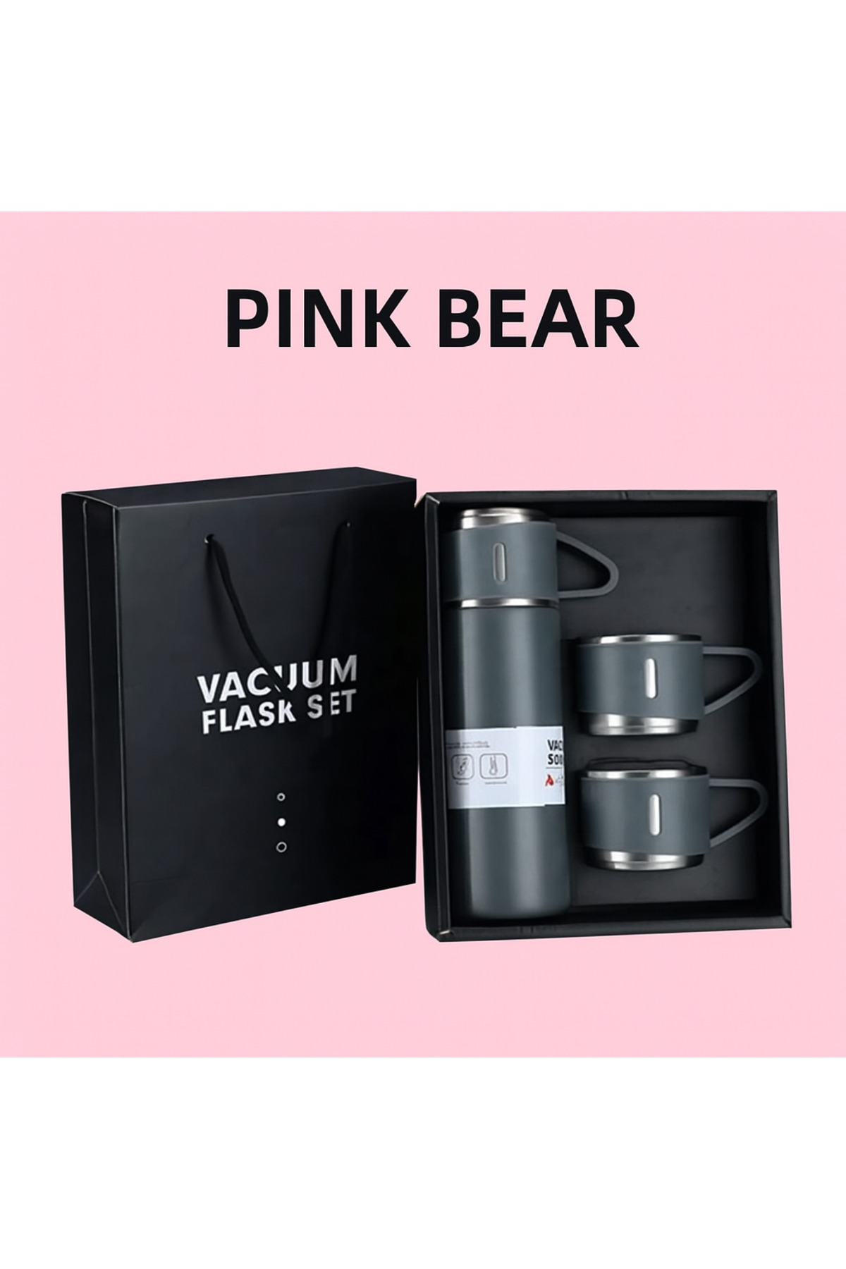 Pink Bear Çelik Vakumlu Termos ve 3 Bardak Seti 500 ml Hediye Kutulu