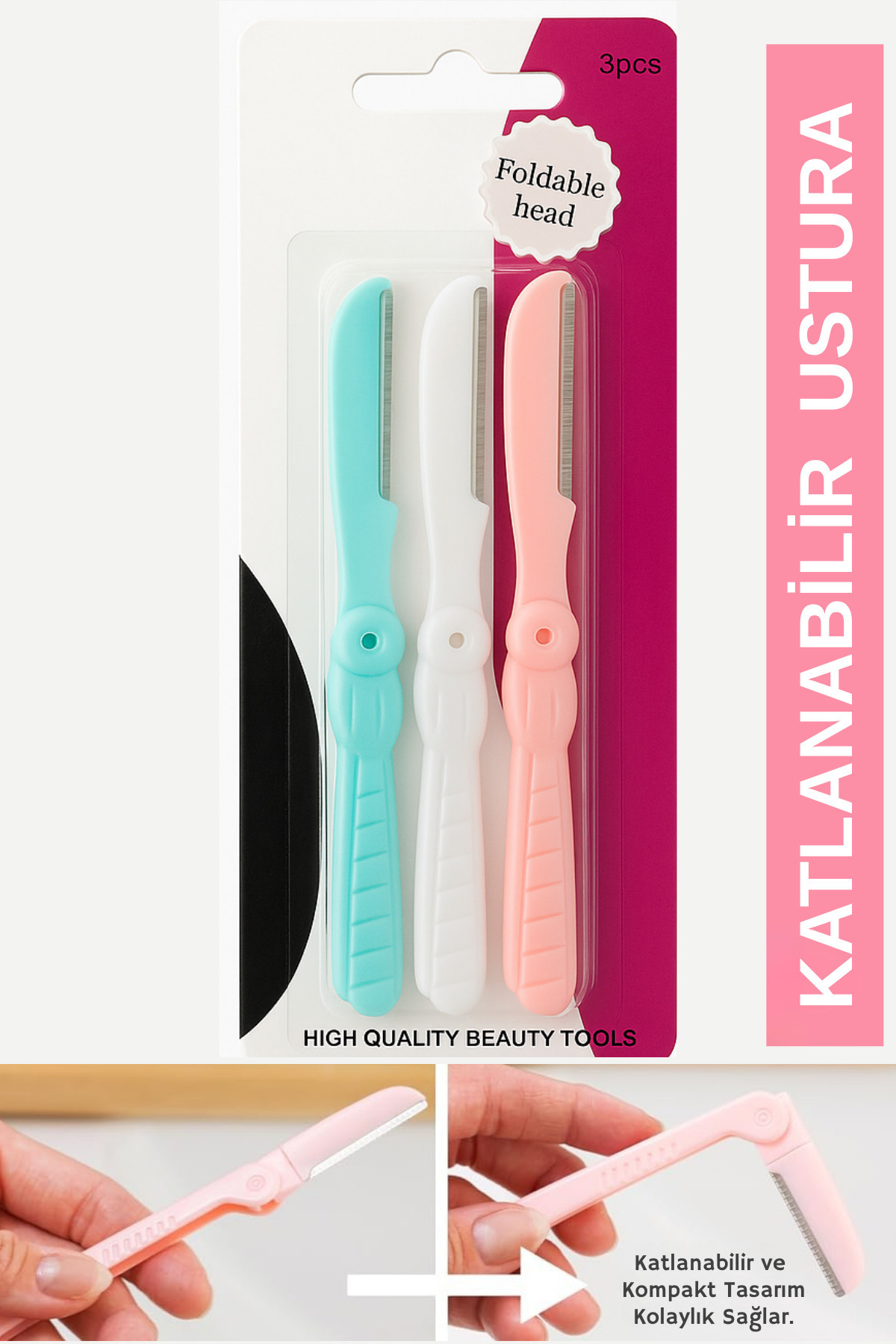 3'lü Açılır/Kapanır Ultra Paslanmaz Yüz, Kaş ve Bıyık Usturası Kadın-Erkek Jileti Epilasyon Seti