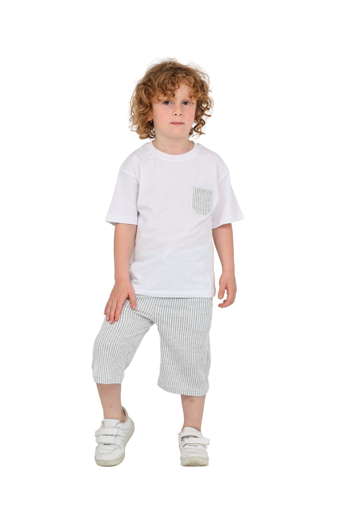 ERDEM KIDS-Boys Basic T-Shirt Shorts Striped Capris Summer 2-Piece Set 3