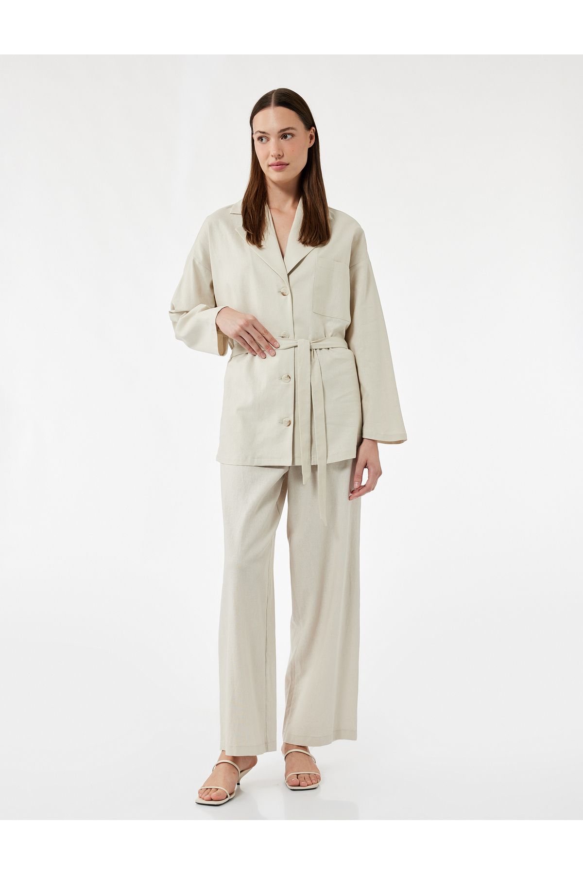 Koton-Long Sleeve Buttoned Belted Pocket Detailed Linen Oversize Jacket 2