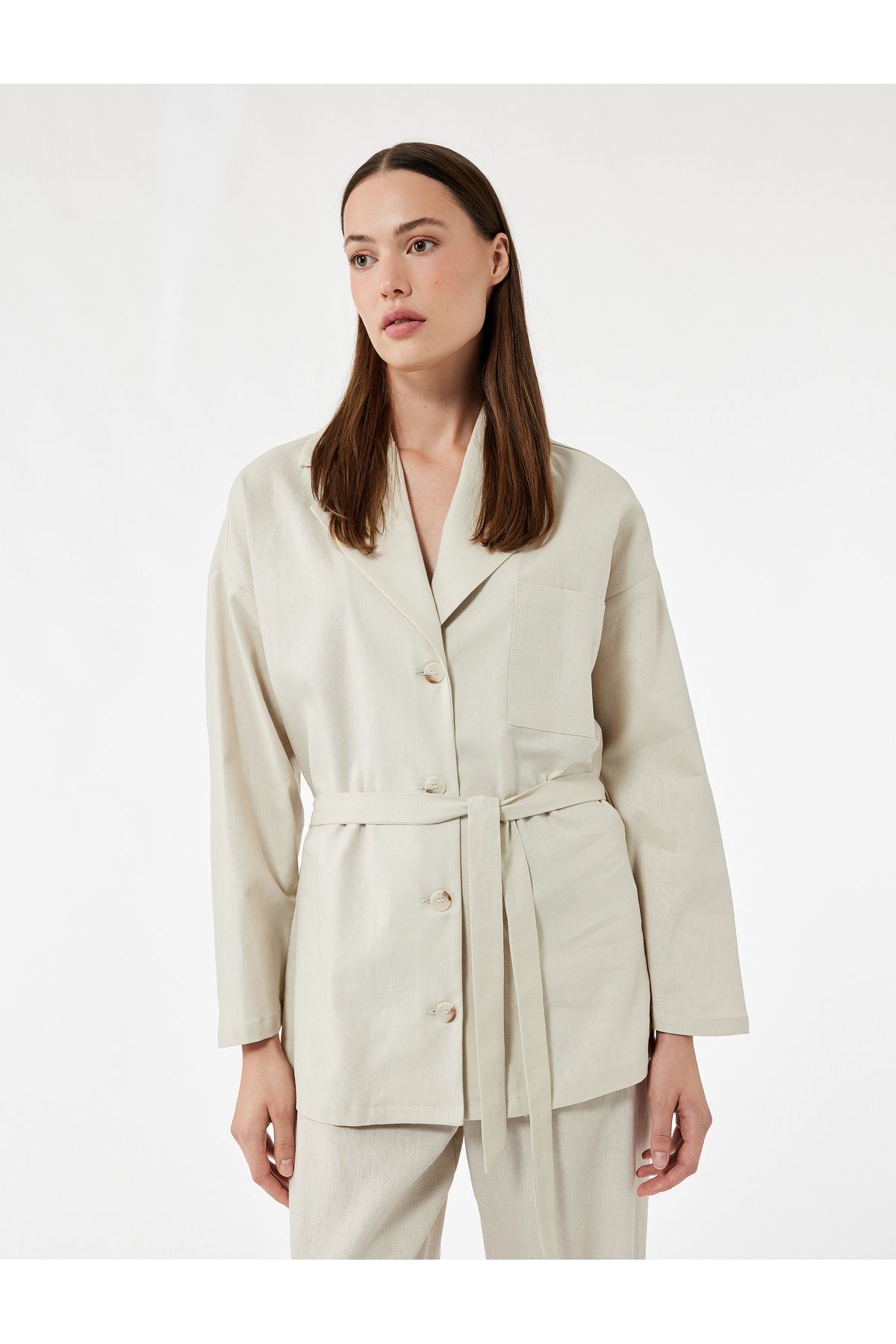 Koton-Long Sleeve Buttoned Belted Pocket Detailed Linen Oversize Jacket 1
