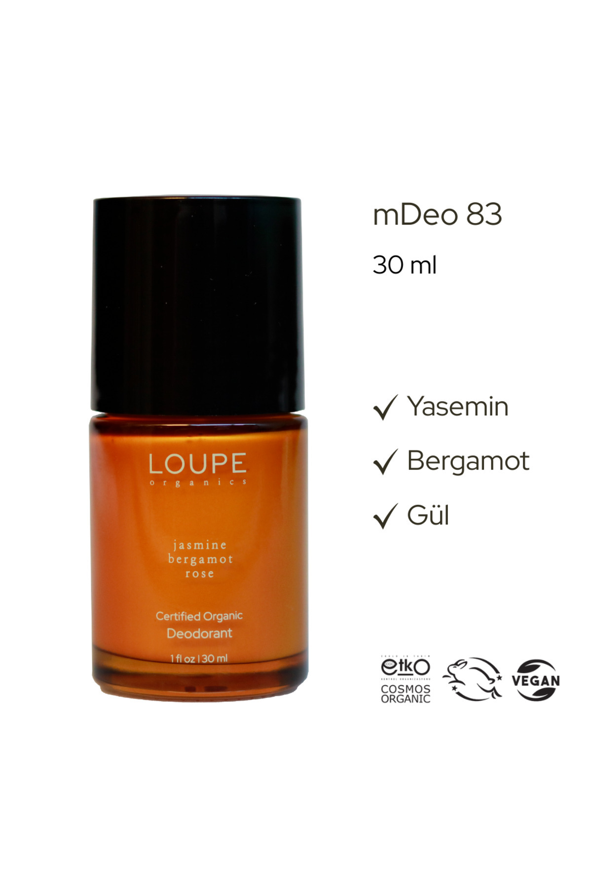 Loupe Organics Mdeo83 Organik Deodorant Roll-on Yasemin, Bergamot, Gül | %100 Doğal, Alüminyum Içermez 30ml