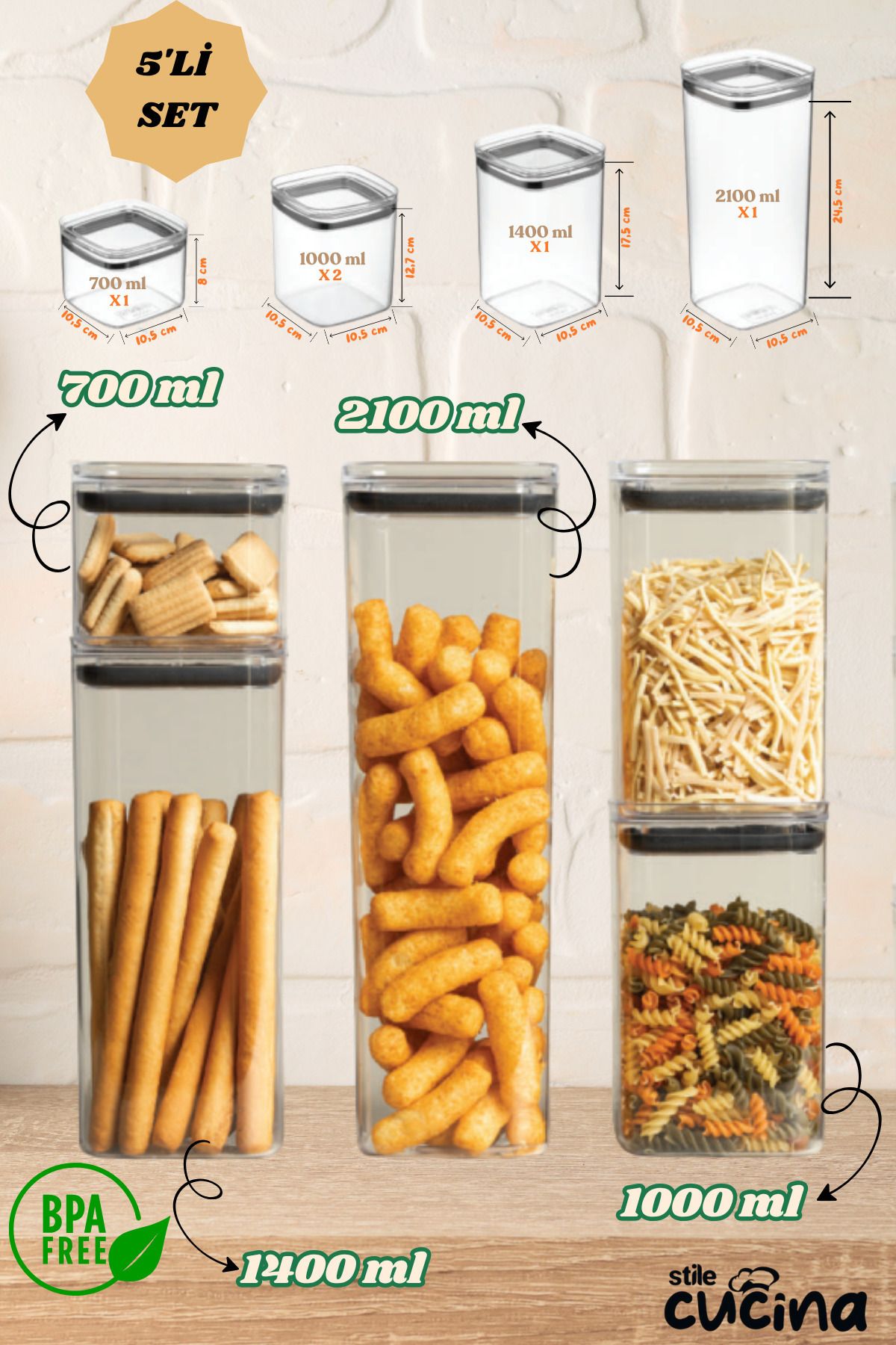 Stile Cucina-Set of 5 Vacuum Sealed Square Food, Flour, Pulses Storage Containers - 1X700 ml - 2X1000 ml - 1X1400 ml - 1X2100 ml 1