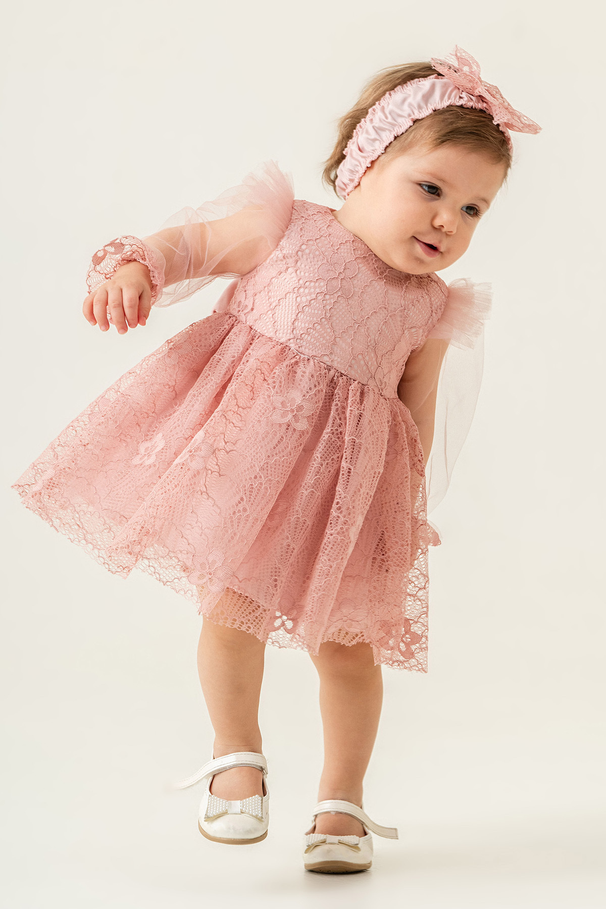 Eray Kids Kız Bebek Abiye Elbise Bandana Hediyeli Kolları Tül Dantelli Düğün Mevlit Doğum Günü 9-24 Aylık fotoğrafı 5 (önizleme)