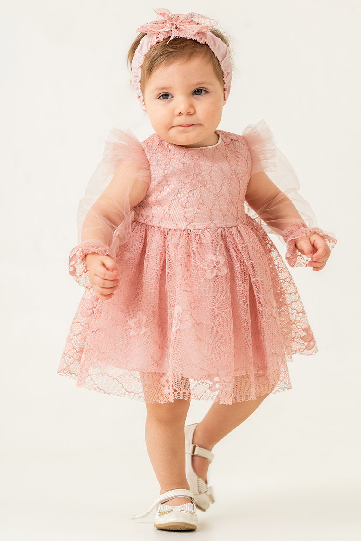 Eray Kids Kız Bebek Abiye Elbise Bandana Hediyeli Kolları Tül Dantelli Düğün Mevlit Doğum Günü 9-24 Aylık fotoğrafı 3 (önizleme)