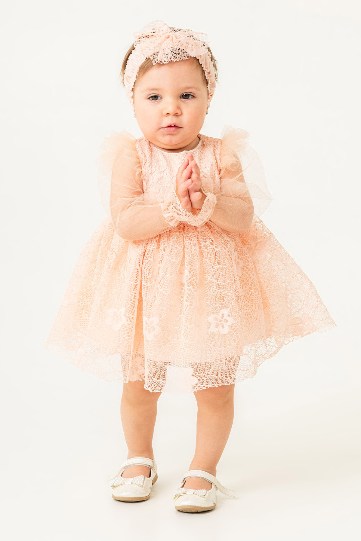 Eray Kids Kız Bebek Abiye Elbise Bandana Hediyeli Kolları Tül Dantelli Düğün Mevlit Doğum Günü 9-24 Aylık fotoğrafı 3 (önizleme)