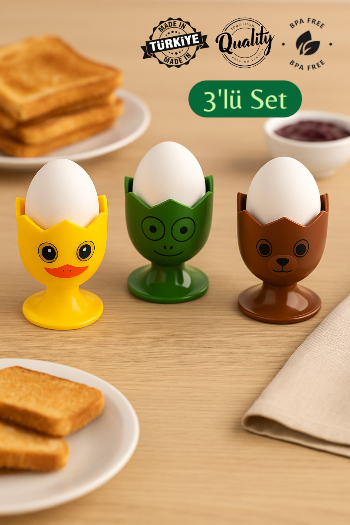 MUF HOME 3’lü Yumurtalık Seti Hayvan Figürlü – Civciv Kurbağa Ayıcık Tasarımlı - Kahvaltıya Neşe Katın