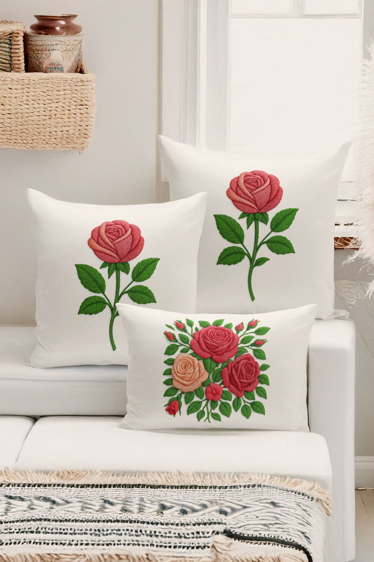 Bertille Home-Set de 3 huse de pernă cu imprimare digitală pe două părți (aspect de broderie cu model de puncție) 1