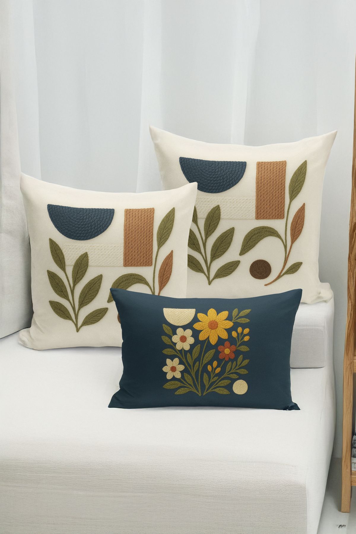Bertille Home-Set de 3 huse de pernă cu imprimare digitală pe două părți (aspect de broderie cu model de puncție) 1