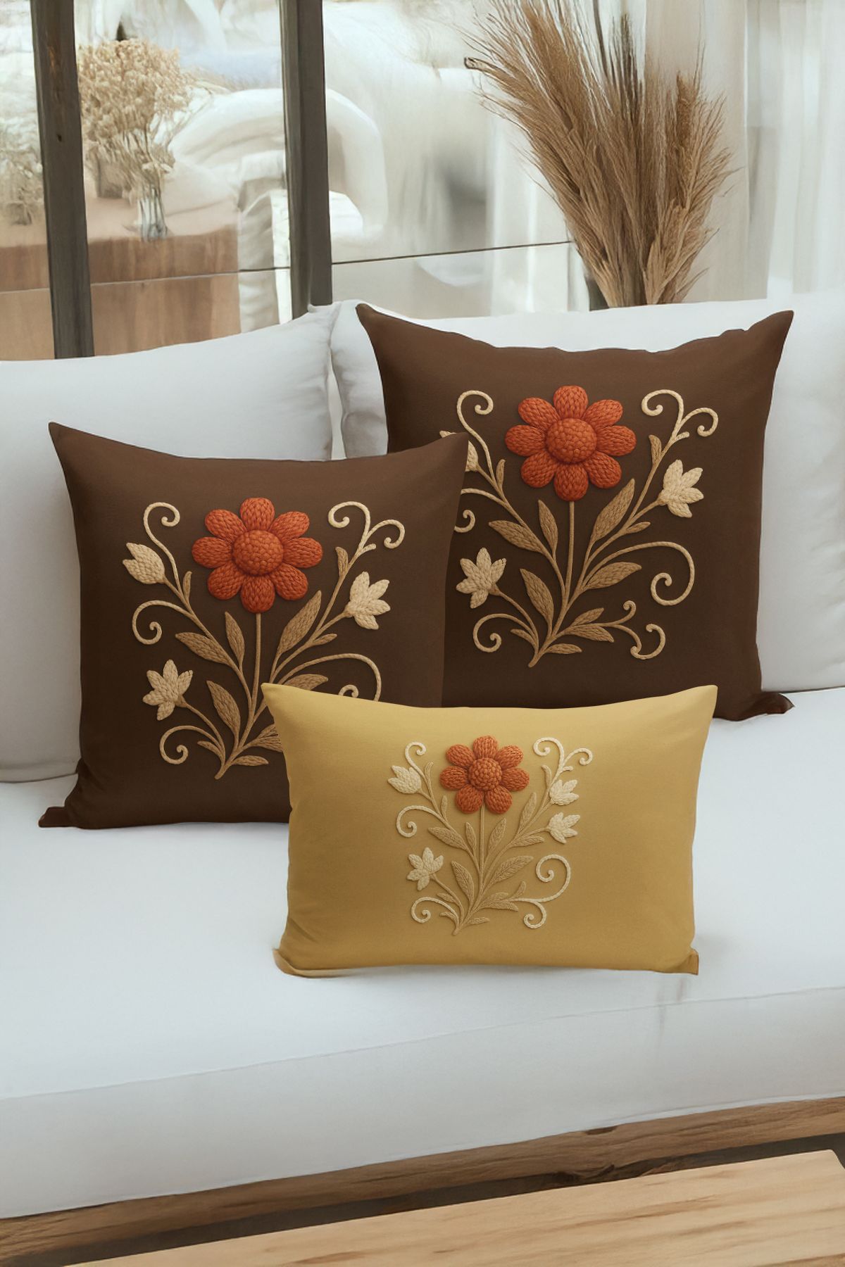 Bertille Home-Set de 3 huse de pernă cu imprimare digitală pe două părți (aspect de broderie cu model de puncție) 1