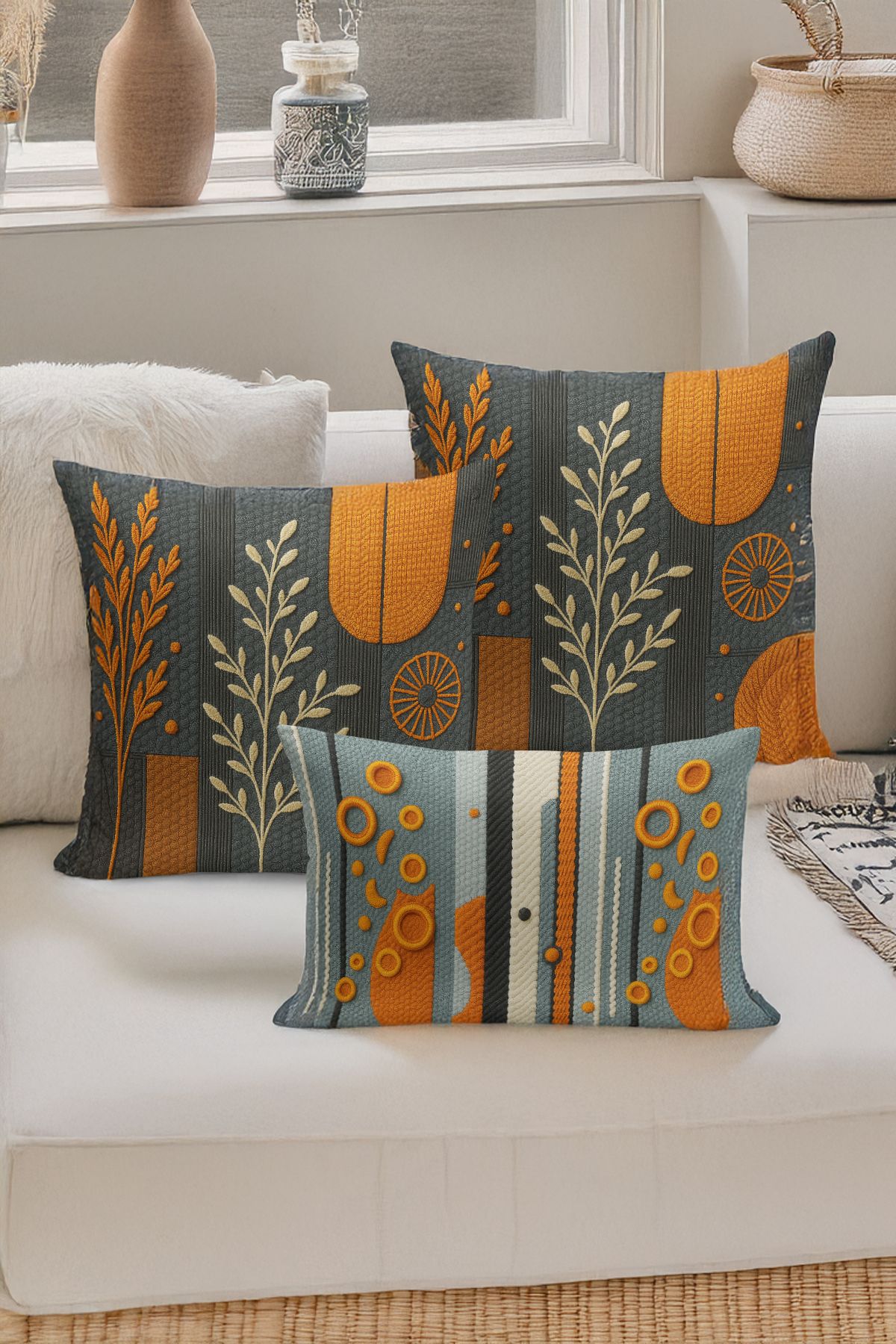 Bertille Home-Set de 3 huse de pernă cu imprimare digitală pe două părți (aspect de broderie cu model de puncție) 1