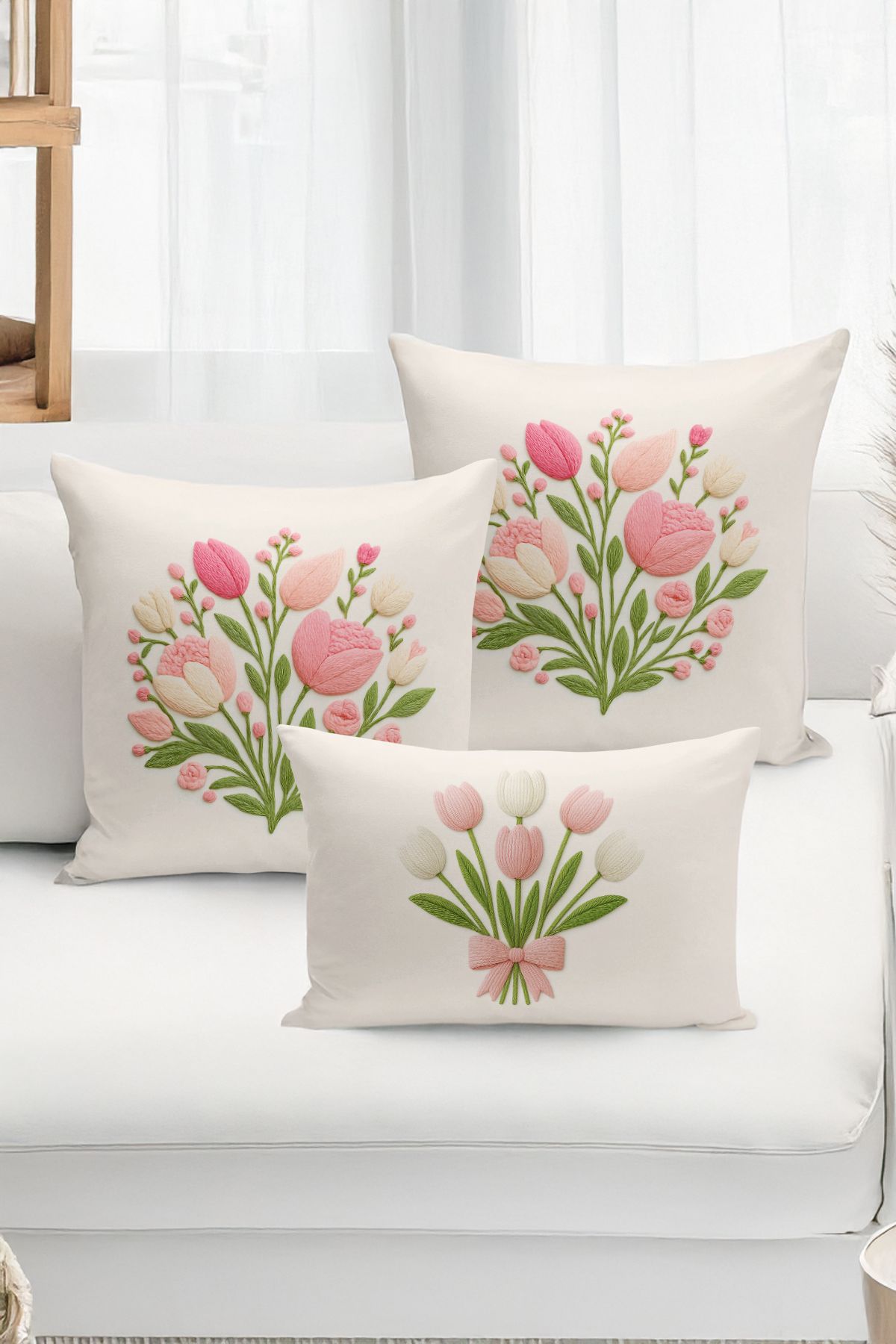 Bertille Home-Set de 3 huse de pernă cu imprimare digitală pe două părți (aspect de broderie cu model de puncție) 1