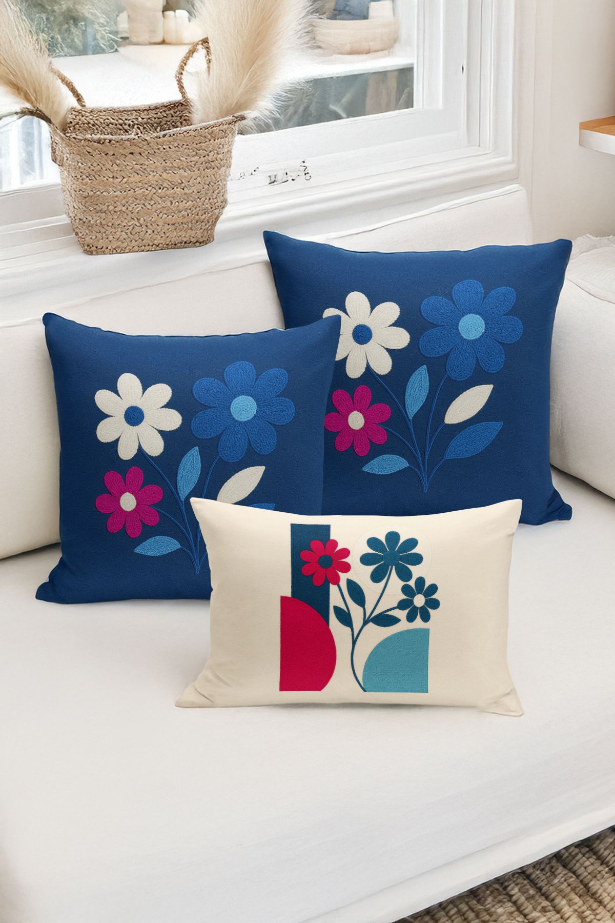 Bertille Home-Set de 3 huse de pernă cu imprimare digitală pe două părți (aspect de broderie cu model de puncție) 1
