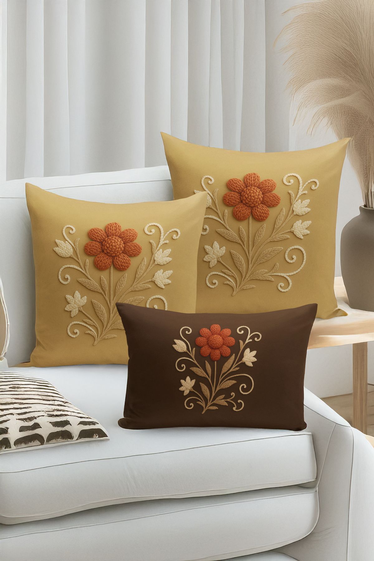 Bertille Home-Set de 3 huse de pernă cu imprimare digitală pe două părți (aspect de broderie cu model de puncție) 1