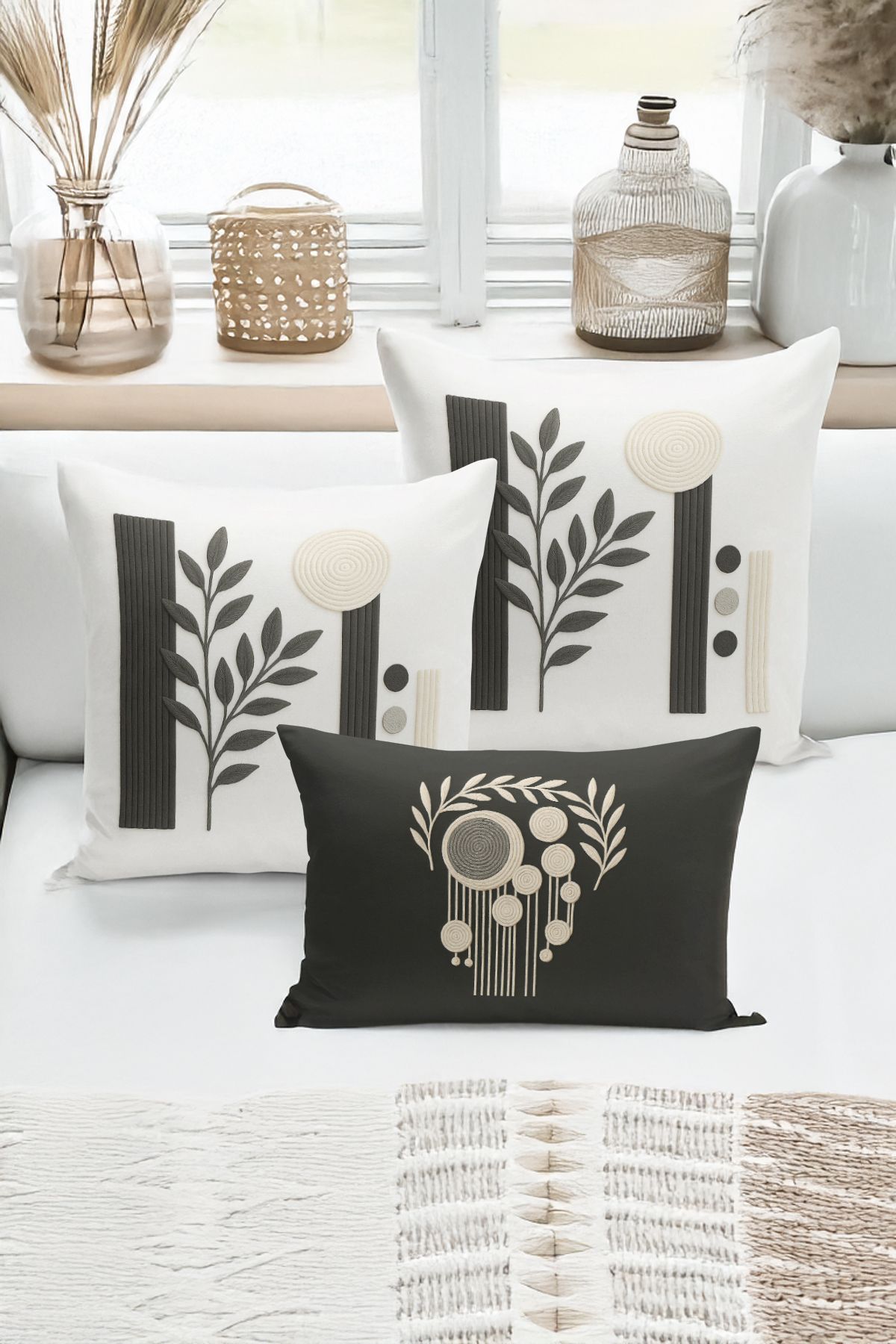 Bertille Home-Set de 3 huse de pernă cu imprimare digitală pe două părți (aspect de broderie cu model de puncție) 1