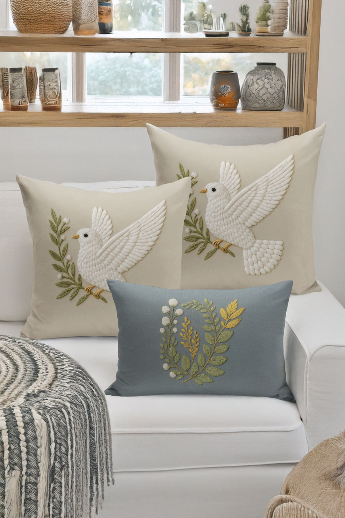Bertille Home-Set de 3 huse de pernă cu imprimare digitală pe două părți (aspect de broderie cu model de puncție) 1