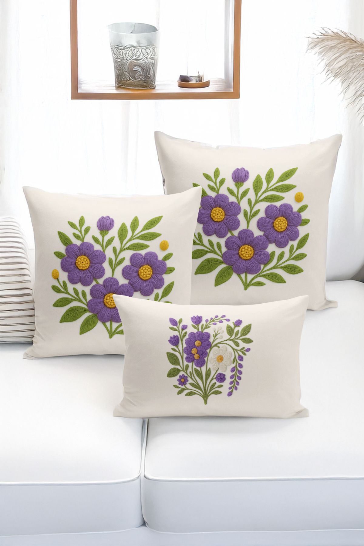 Bertille Home-Set de 3 huse de pernă cu imprimare digitală pe două părți (aspect de broderie cu model de puncție) 1