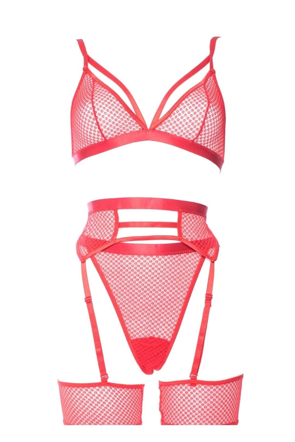 Sistina-Red Fancy Mesh Garter Set - 1036 3