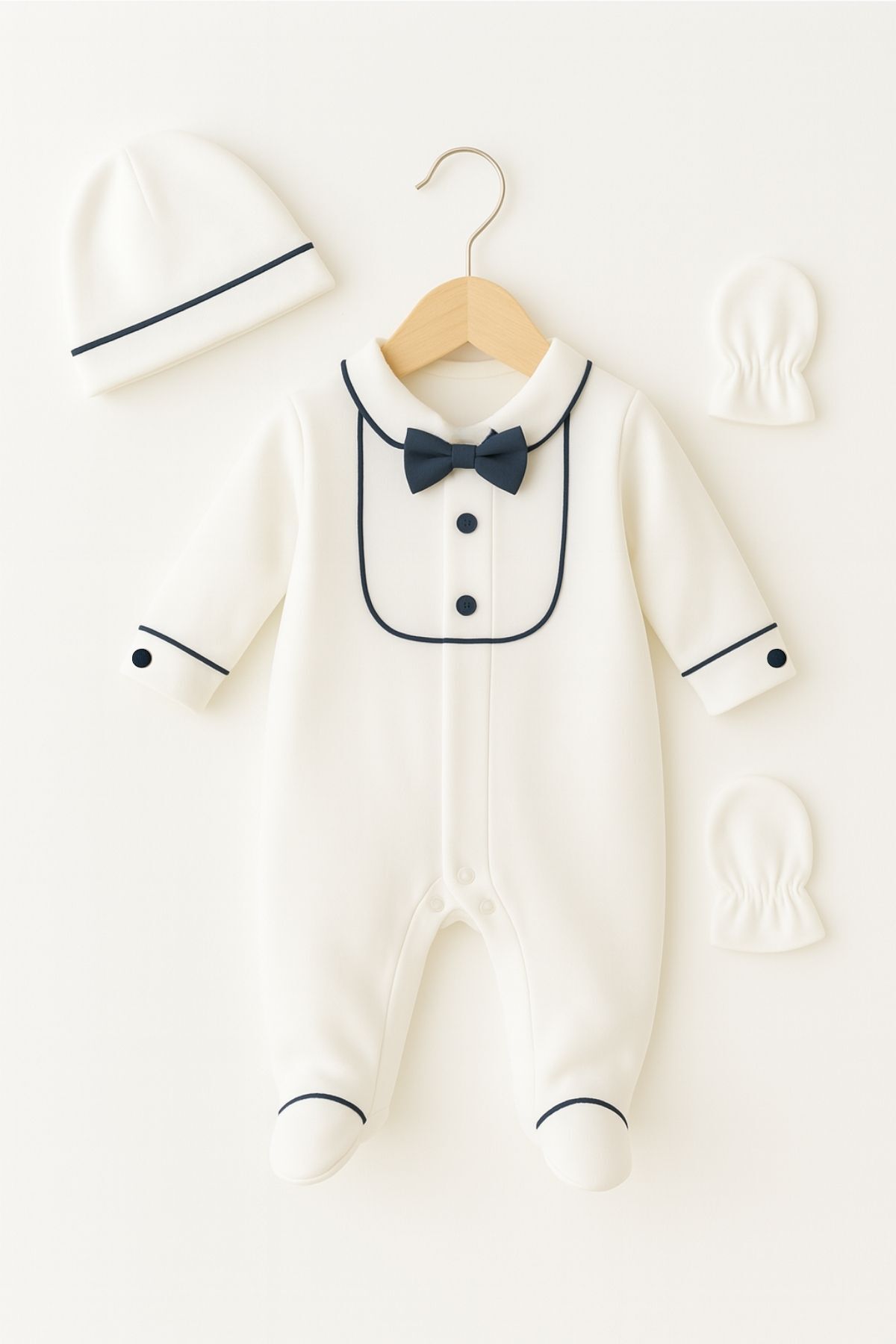 Minytrendy Erkek Bebek Yenidoğan Tulum Özel Gün Hastane Çıkışı Takım Şapka & Eldiven Set Bebek Mevlüt Hediyelik fotoğrafı 3 (önizleme)