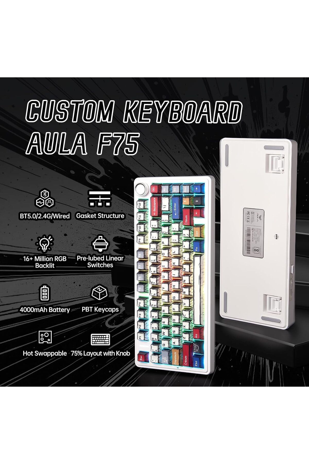 Aula-لوحة مفاتيح ميكانيكية x F75، لوحة مفاتيح ألعاب لاسلكية بإضاءة خلفية RGB مع مقبض، 81 مفتاحًا بحشية مدمجة 3