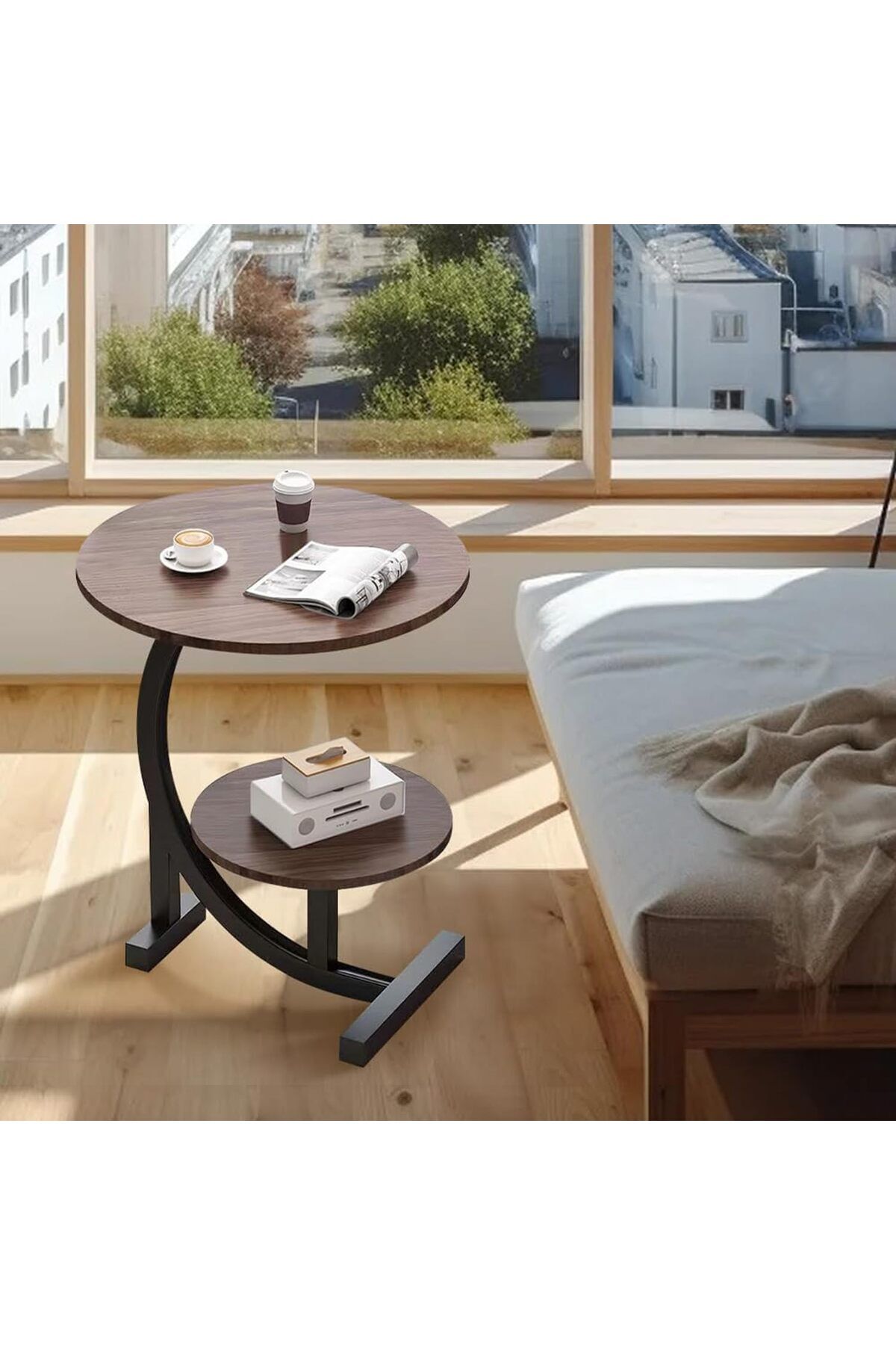 Türkiye-C-Shaped Side Table, 2-Tier Round End Table with Storage Shelf, Industrial Metal Frame, Sma 9