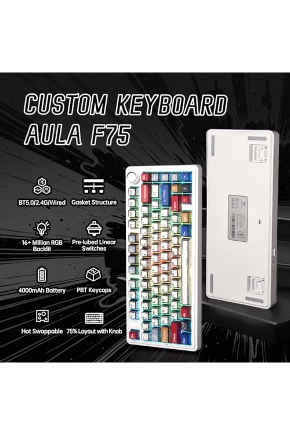Aula-لوحة مفاتيح ميكانيكية x F75، لوحة مفاتيح ألعاب لاسلكية بإضاءة خلفية RGB مع مقبض، 81 مفتاحًا بحشية مدمجة 4