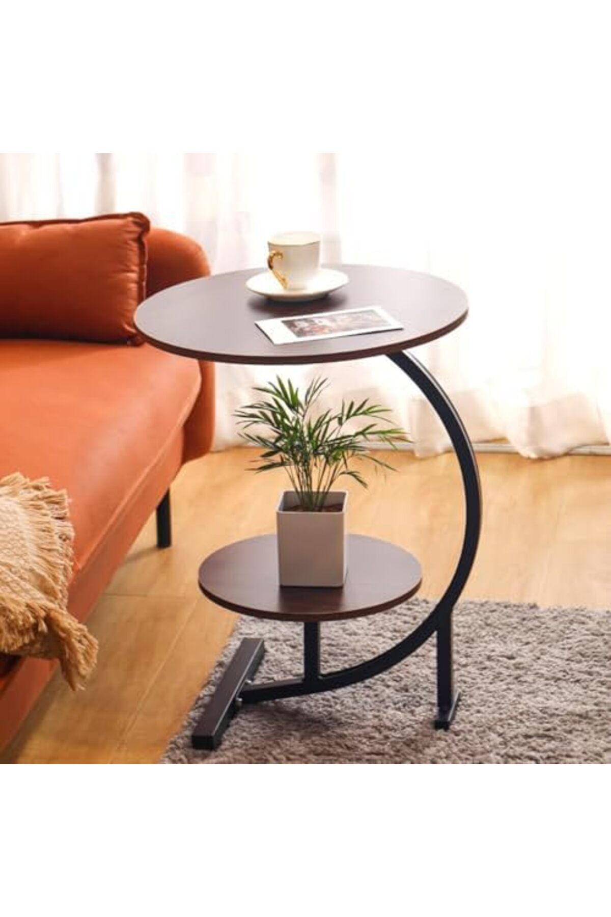 Türkiye-C-Shaped Side Table, 2-Tier Round End Table with Storage Shelf, Industrial Metal Frame, Sma 4