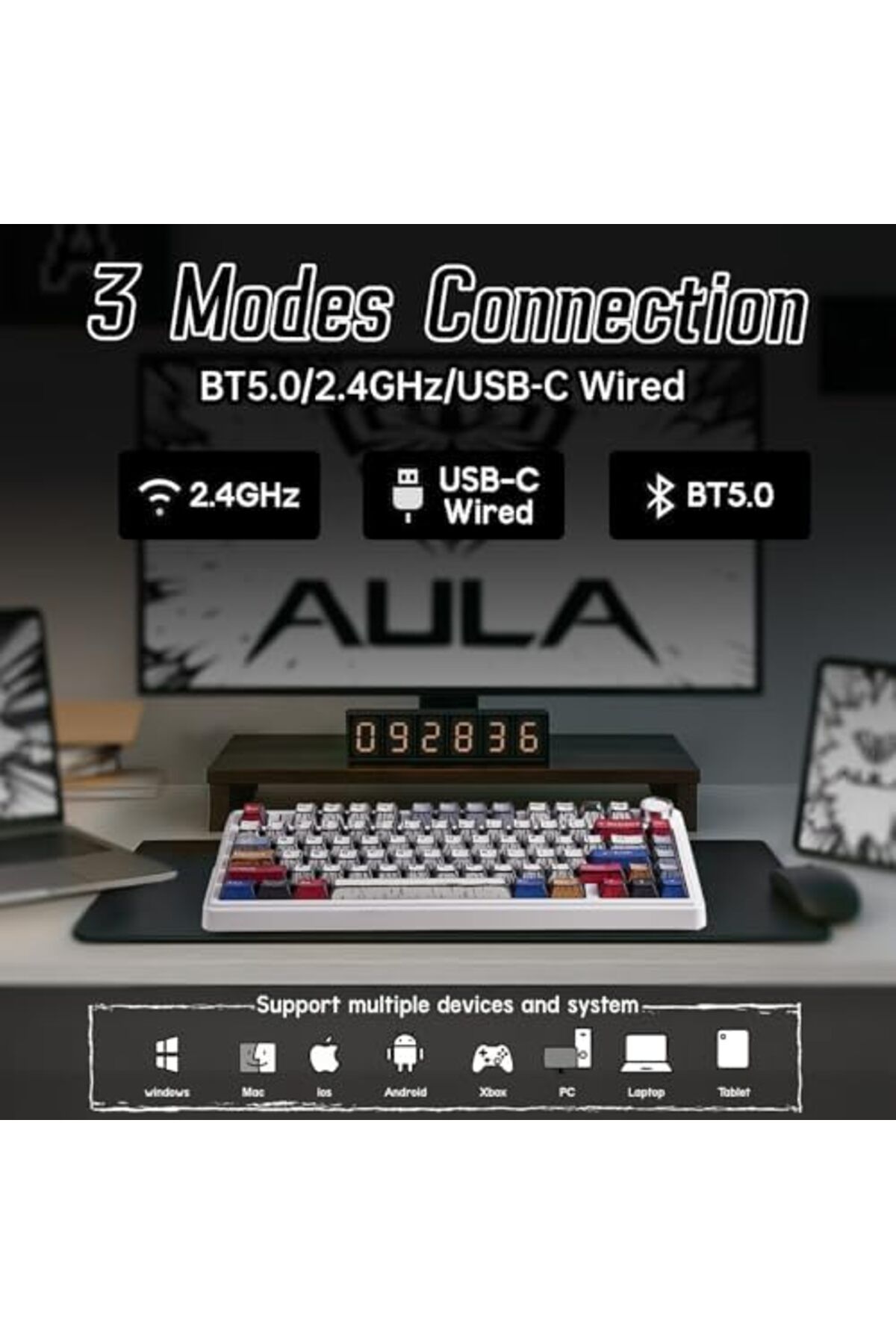 Aula-لوحة مفاتيح ميكانيكية x F75، لوحة مفاتيح ألعاب لاسلكية بإضاءة خلفية RGB مع مقبض، 81 مفتاحًا بحشية مدمجة 8