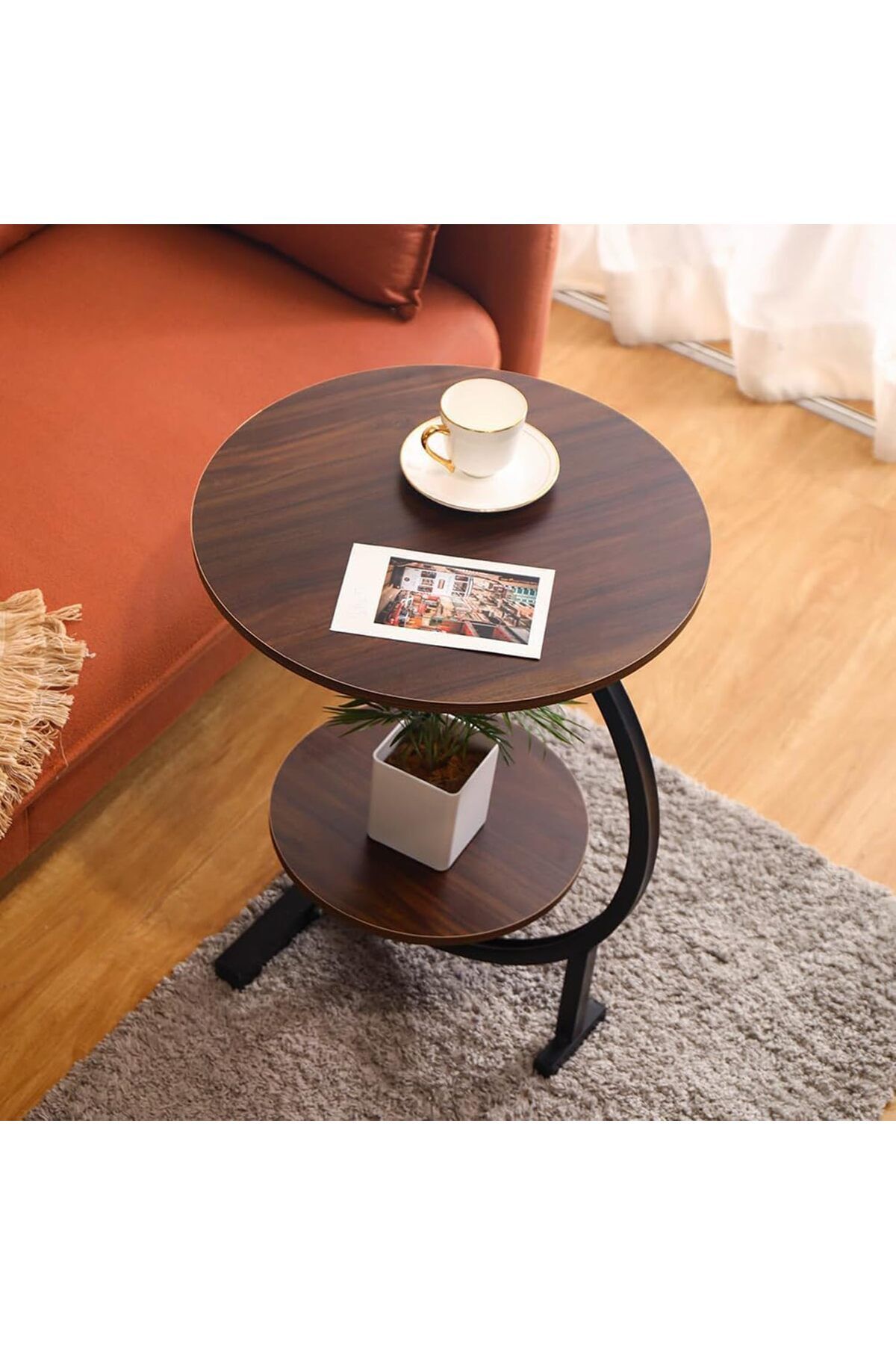Türkiye-C-Shaped Side Table, 2-Tier Round End Table with Storage Shelf, Industrial Metal Frame, Sma 7