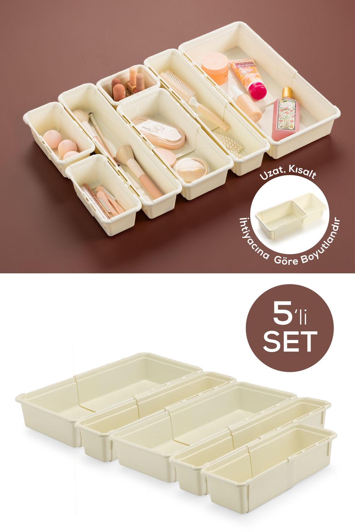 Vienev-Set of 5 Adjustable Drawer Organizer Boxes – Extendable and Shorten Organizer Set (2A2B1C) 1