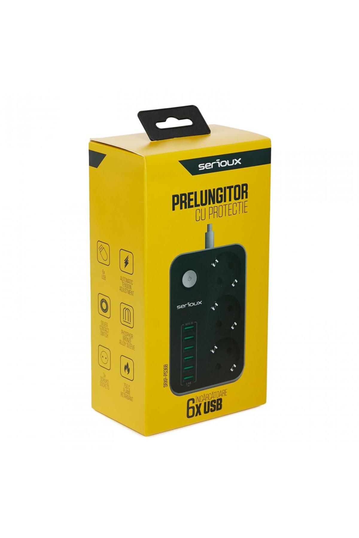 SERIOUX-Extension cord with Serioux protection, 3 schuko sockets, input 100-240V, 50- 60Hz, output (Total): 250 3