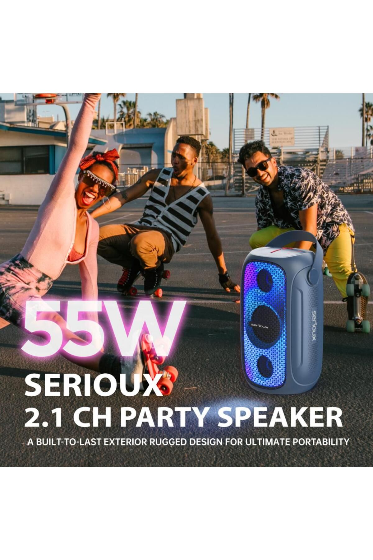 SERIOUX-PartyBoom portable speaker, RMS power: 55W, S/N ratio >70dB, T.H.D.: <0.3%, frequency 3
