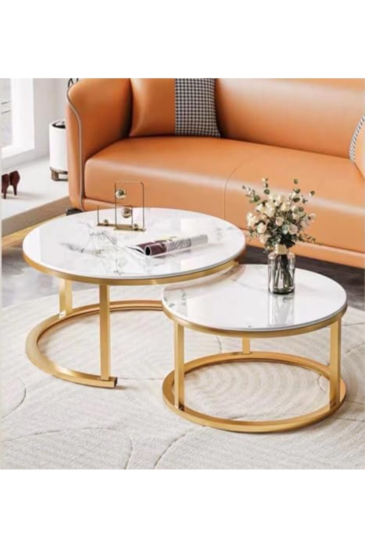 Türkiye-Modern Nesting Coffee Table Set of 2 Wooden Side Table Minimalist Round Nesting Table Sturdy Steel F 9