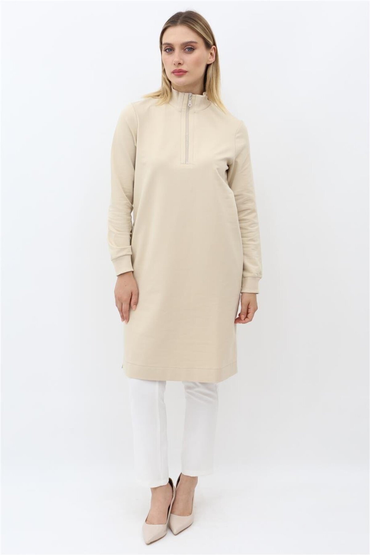 Mahhar Dik Yaka İki İplik Fermuarlı Tunik - Taş