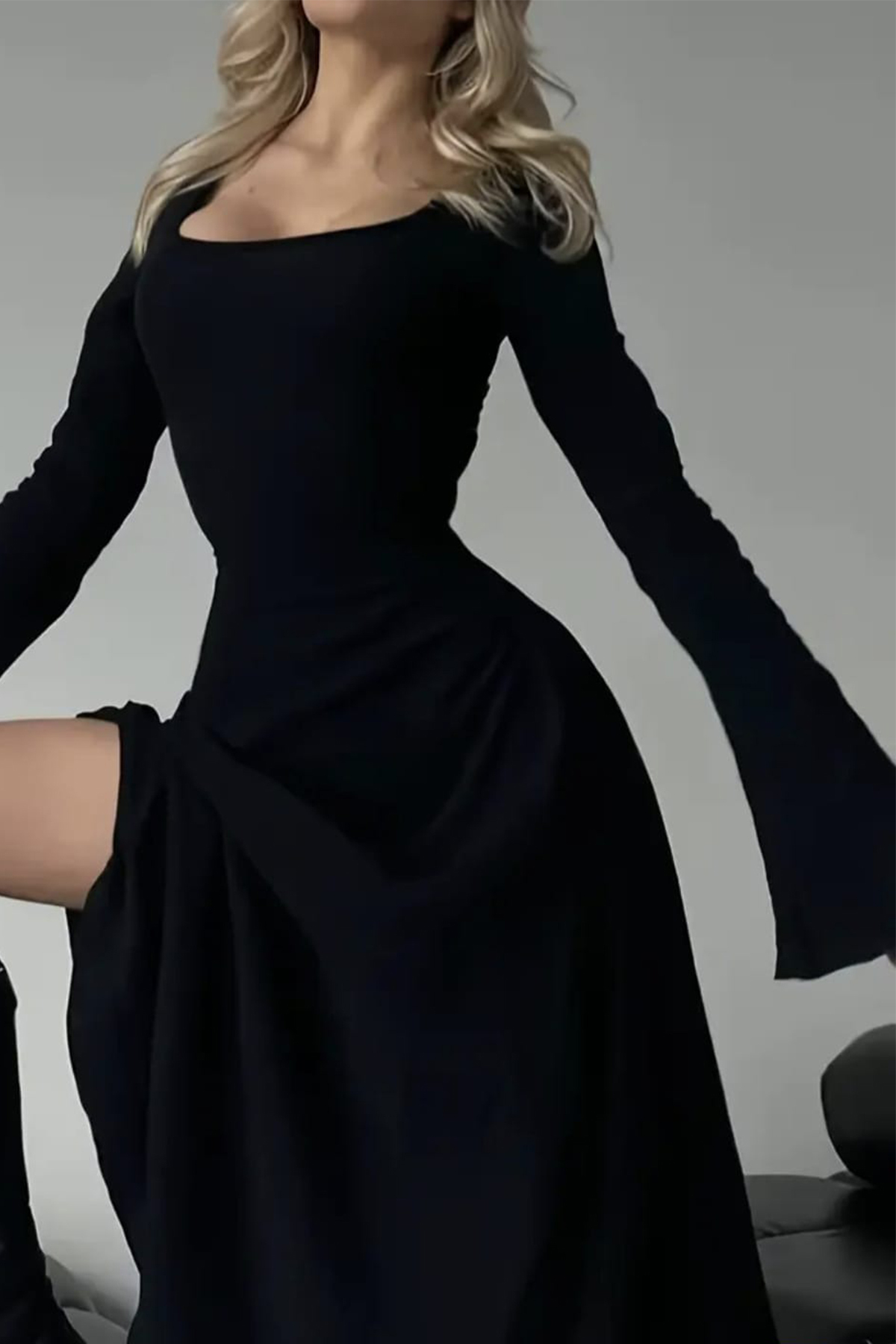 missamour  KADIN SİYAH U YAKA İSPANYOL KOL ELBİSE - Görsel 3