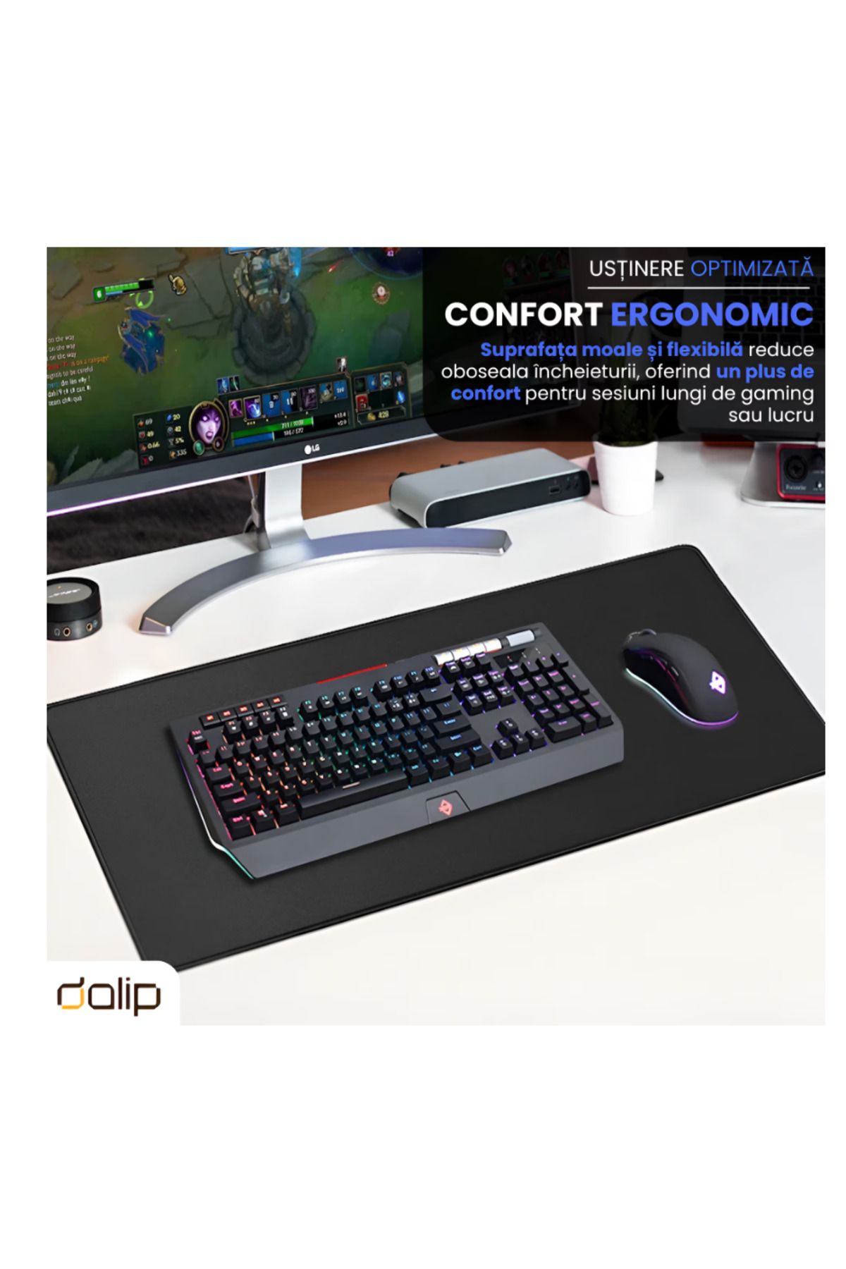 dalip-Mouse Pad Gaming Birou 100x50 cm Dalip, Baza Cauciucata, Accesoriu Tastatura Mouse, Negru 2