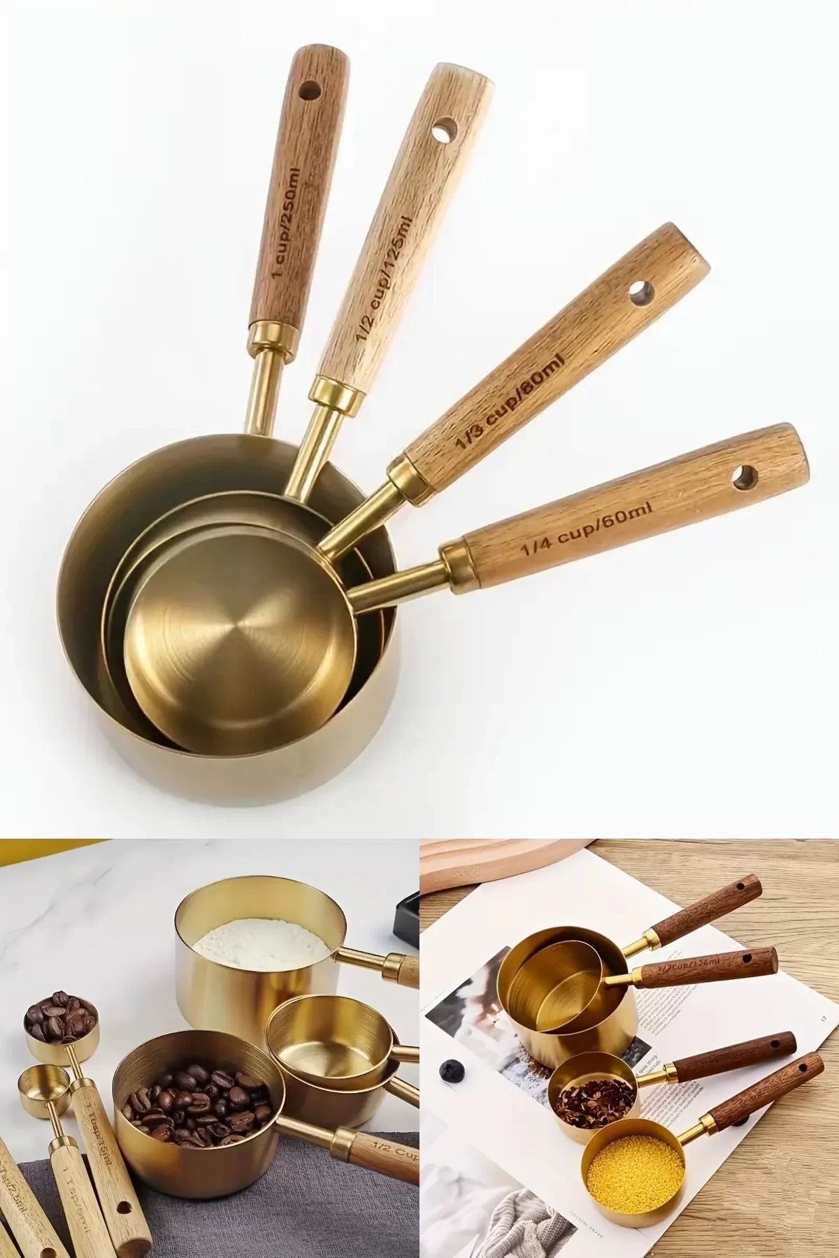 Tilbe Home-Set of 4 Large Size Stainless Steel Wooden Handle Gold Measuring Spoon Set Measuring Cup 60ml 80ml 125ml 250ml 2